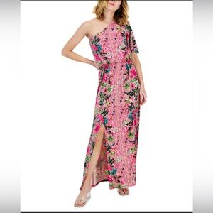 INC Macy’s one shoulder pink and green print maxi dress